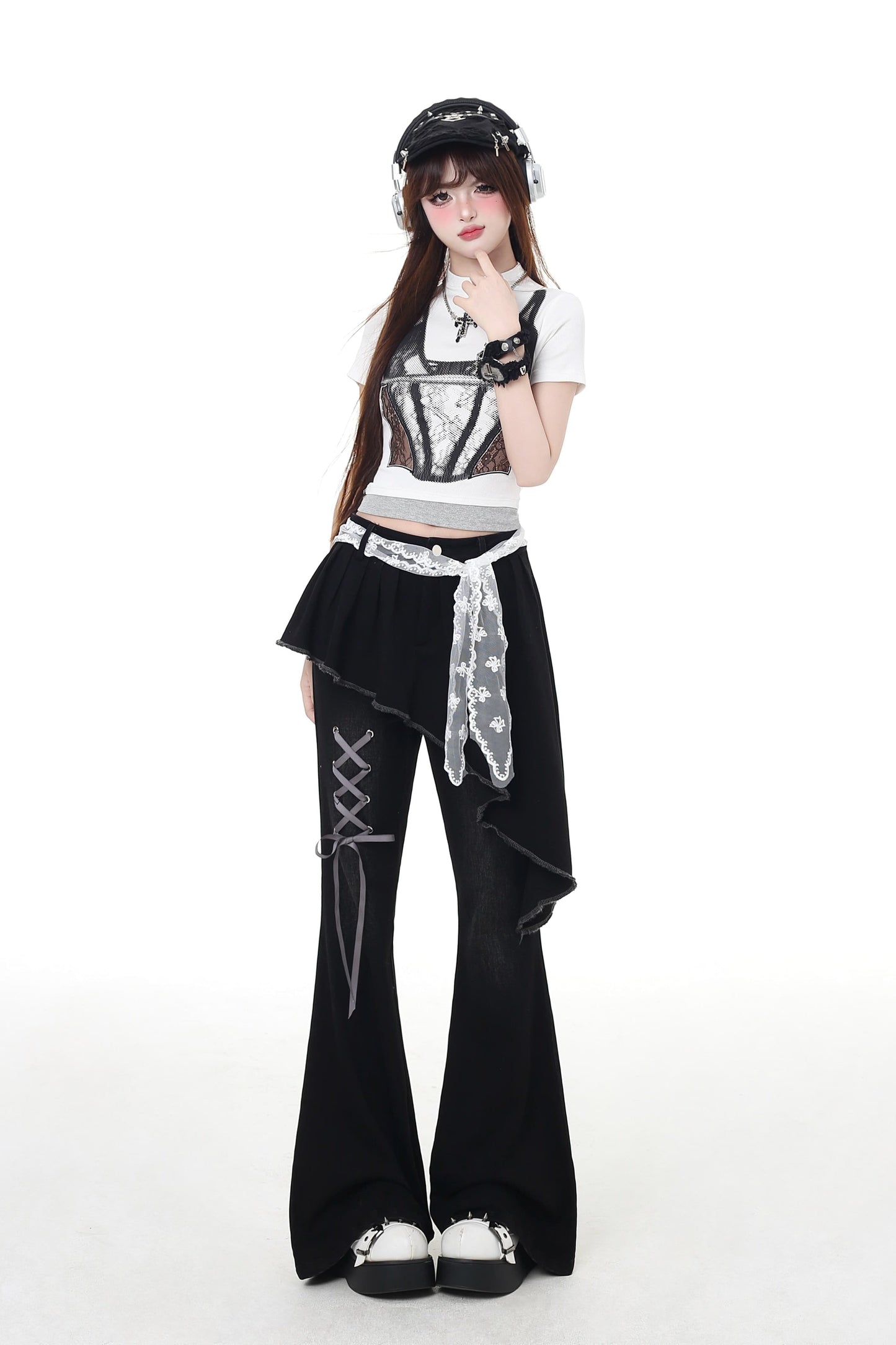 パンツ スリム レースアップ フレア ロング