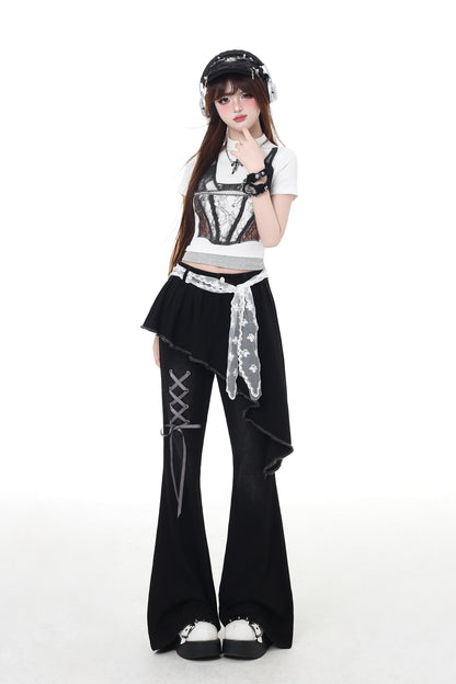 パンツ スリム レースアップ フレア ロング