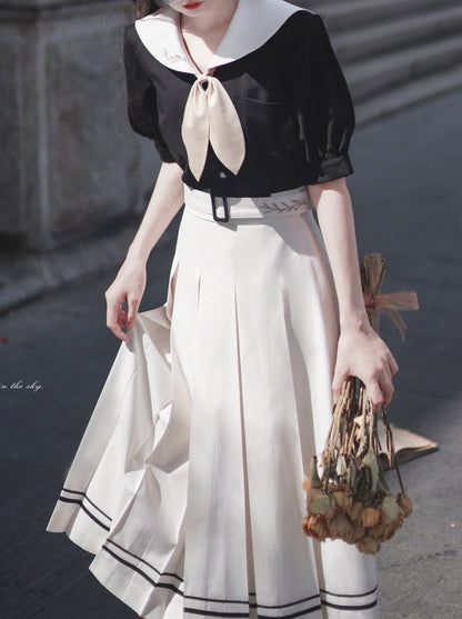 プリーツバニーエレガントネクタイ + レトロな耳パフフレンチスリーブボックスセーラーシャツ + スカートカラー