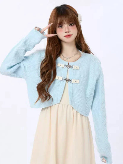 ラッフルニットハートサスペンダーカーディガン+バックルドレス