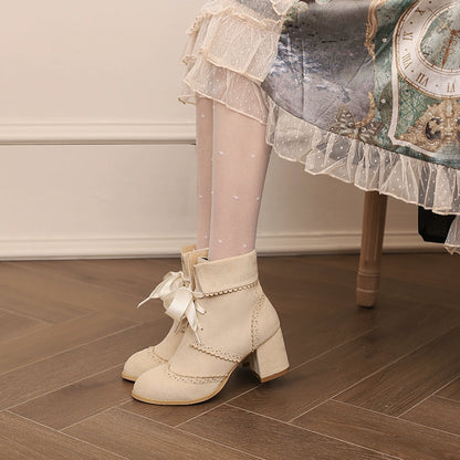 33-43 Lolita-Matching Round-Toe Block Heel Ankle Boots