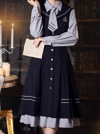 Hemdkleid Farbe + Krawatte Plissee Marine Anzug Gestreift Abzeichen Retro Magic Dress Academy