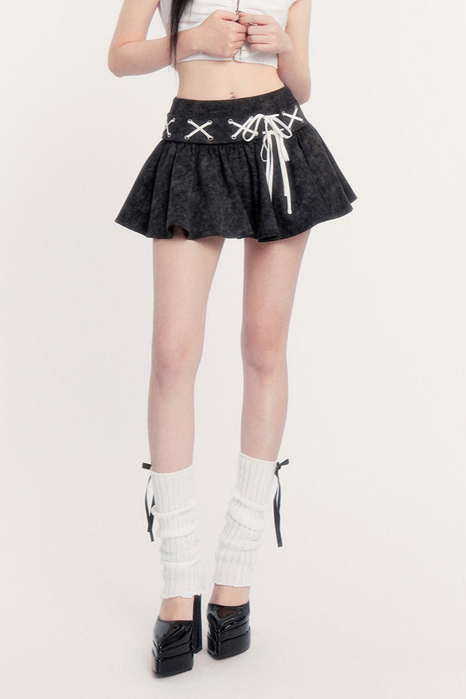 ウエストレースシャツスカートハイスリムフレアアップ+