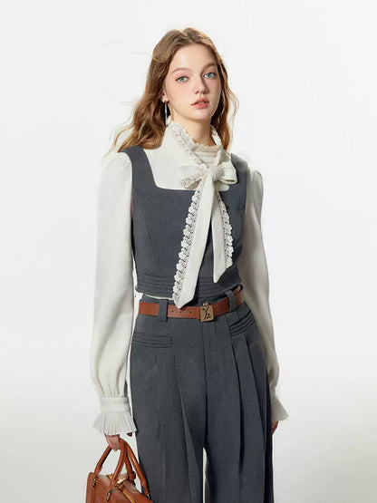 Bow-tie Gray Vest Pleated Knit Pants Slack Suit + Shirt