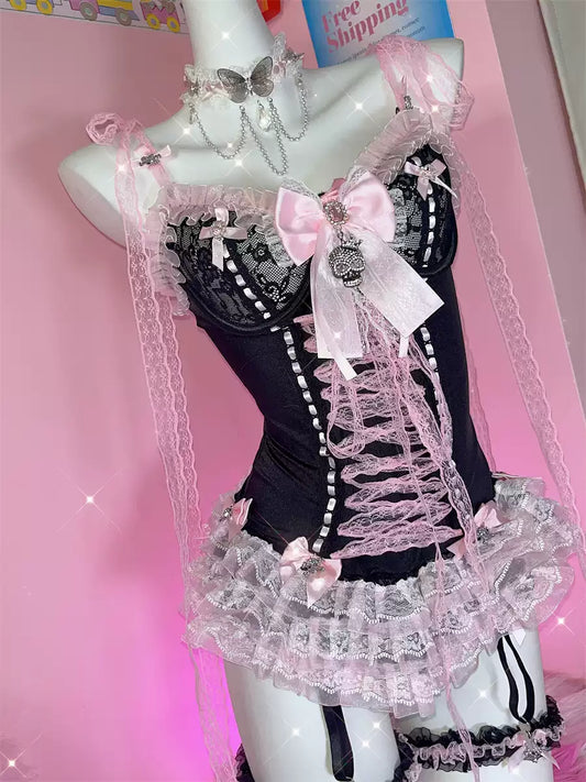 Y2K Sweet Lace Bow Skull Tank Top Set with Leg Rings