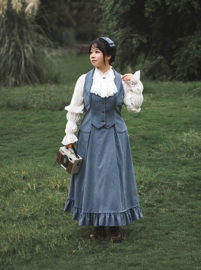 Vest Retro Colored Classical + Long Flared Blouse Skirt