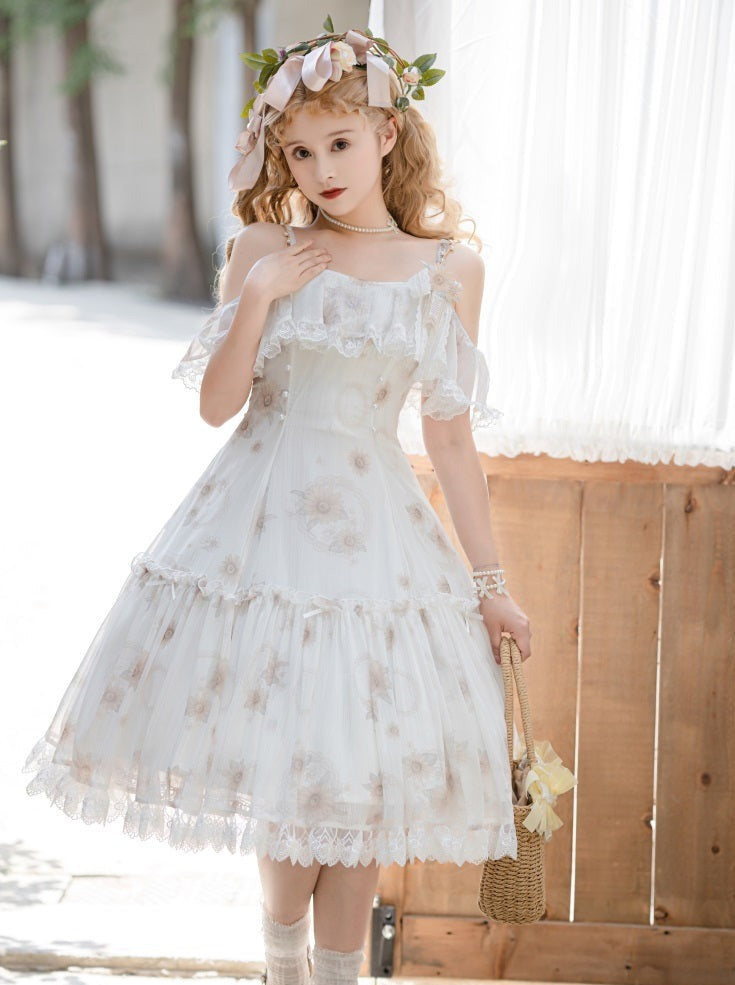 Robe d'été Lolita en mousseline de soie à fleurs blanc pur