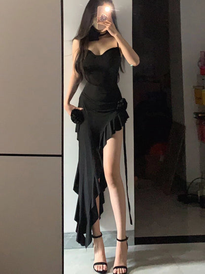 Black Rose Ruffle Spaghetti Strap Dress - French Asymmetric Maxi (S-XL)