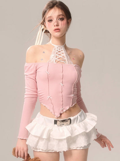 パールリボンスカート ホワイトフレンチパンツ レースフレア ホワイトアイ