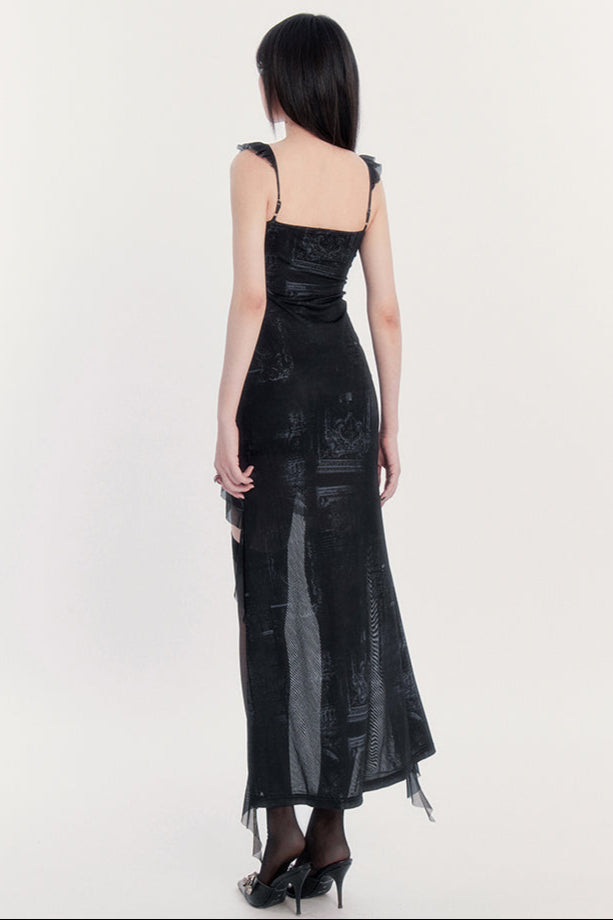 ノースリーブダークドレスマキシアシメダロマンティック