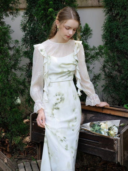 スカートトップ グリーン キャミソール フラワー シアー + シフォン