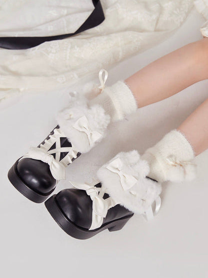 Boots Snow Mid Velvet Color Lolita Block Short Ribbon Heel Sweet