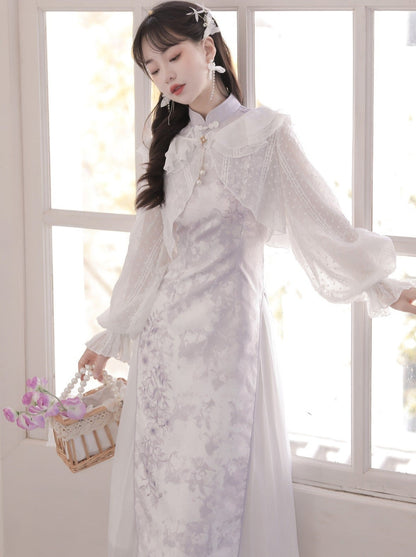 フリルチャイナドレス + 紫のカーディガン 薄手の花柄