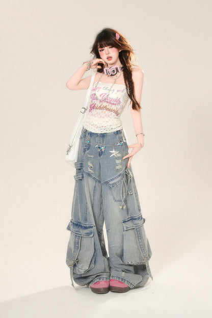 ストリートハイワイドリップデニムパンツ