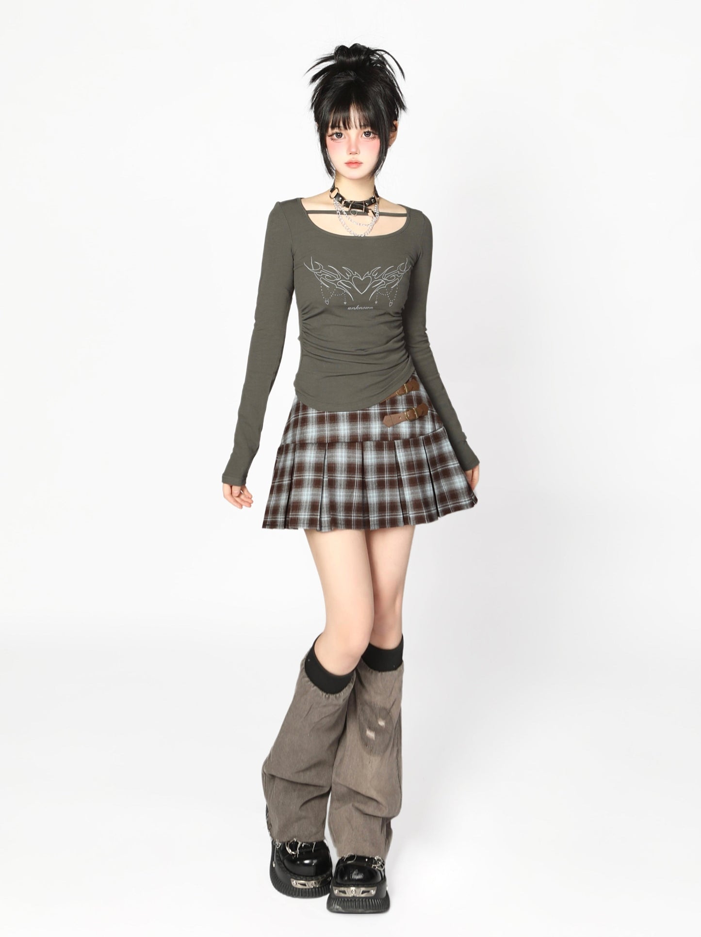 スカート パンク バックル チェック ダークレザー プリーツ