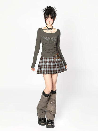 スカート パンク バックル チェック ダークレザー プリーツ