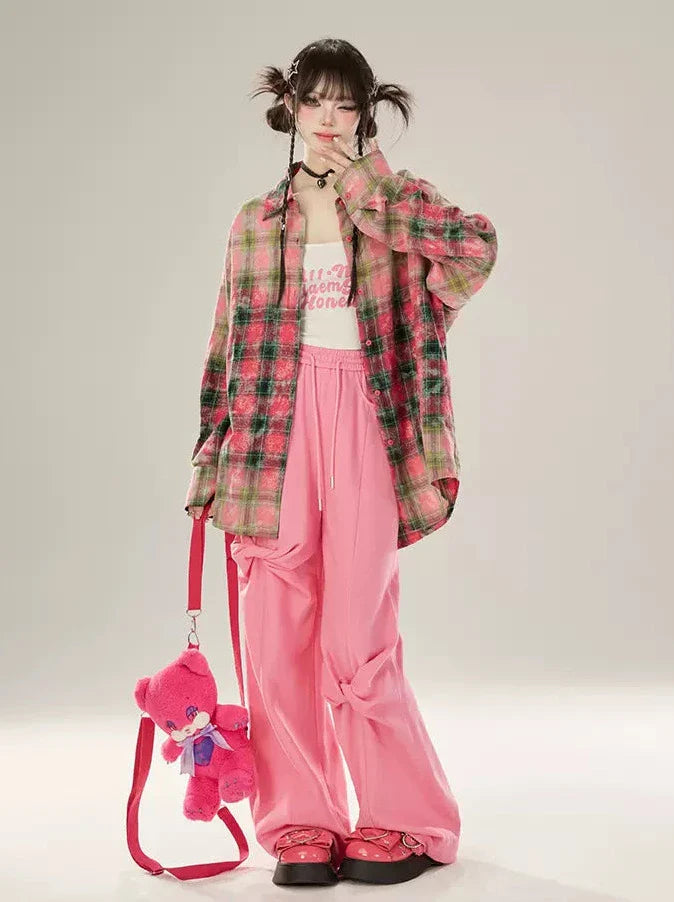 ローズレッドチェックグラデーションシャツ