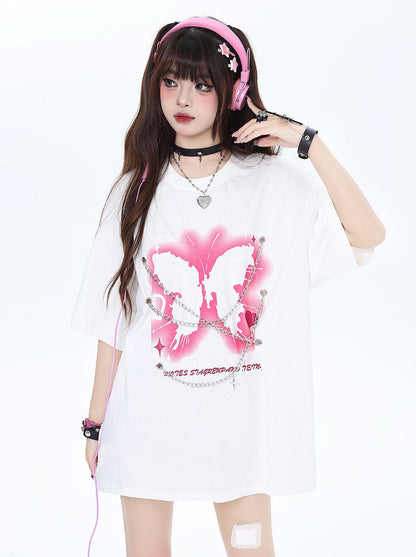 チェーンバタフライパンクロックアメリカンTシャツメタルプリント