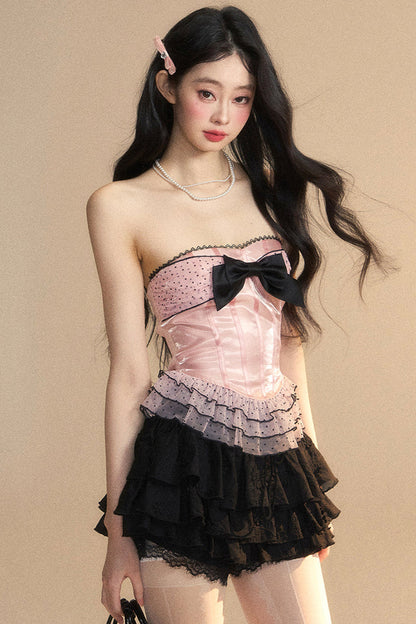 リボンレースリザーブメッシュチューブドットトップ