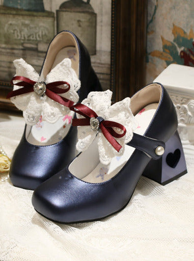 エレガントなフレンチスクエアレースリボンシューズヒールトゥロリータラブ