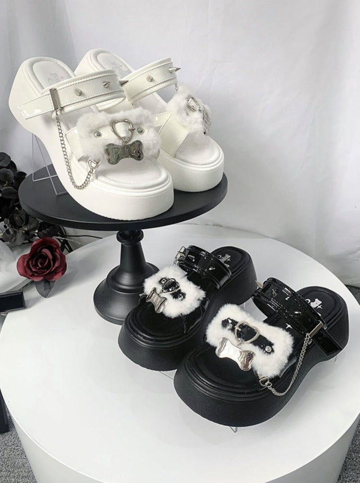 Rivet Sandal Chain Flat Platform Punk Fur