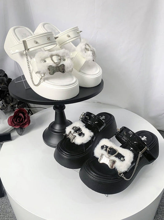 Rivet Sandal Chain Flat Platform Punk Fur