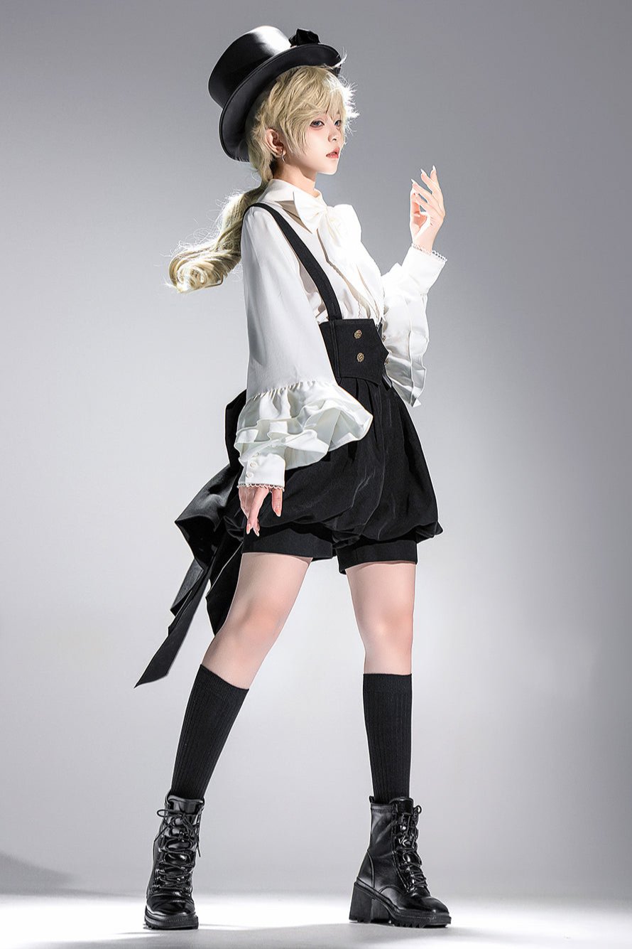 キュート+レトロショートパンツエレガントシャツリボンプリンス予約テールダーク
