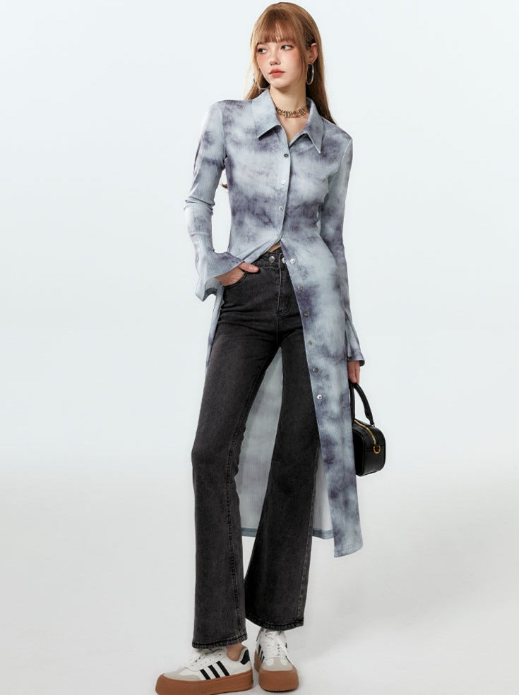 Printed Tops Polo Long Blue