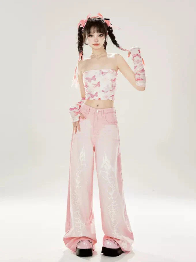 ストレートルーズドラゴンピンクワイドエレメントデニム