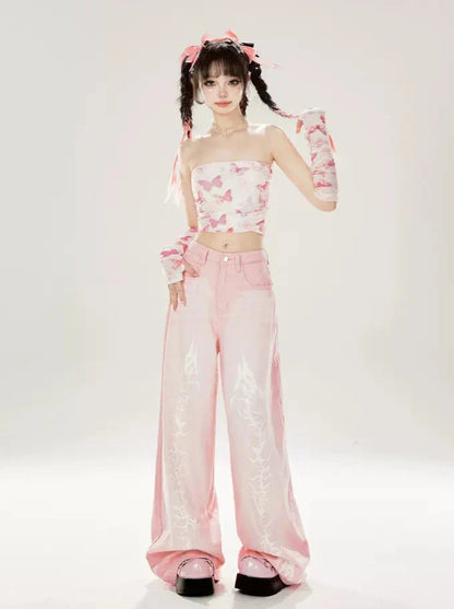 ストレートルーズドラゴンピンクワイドエレメントデニム