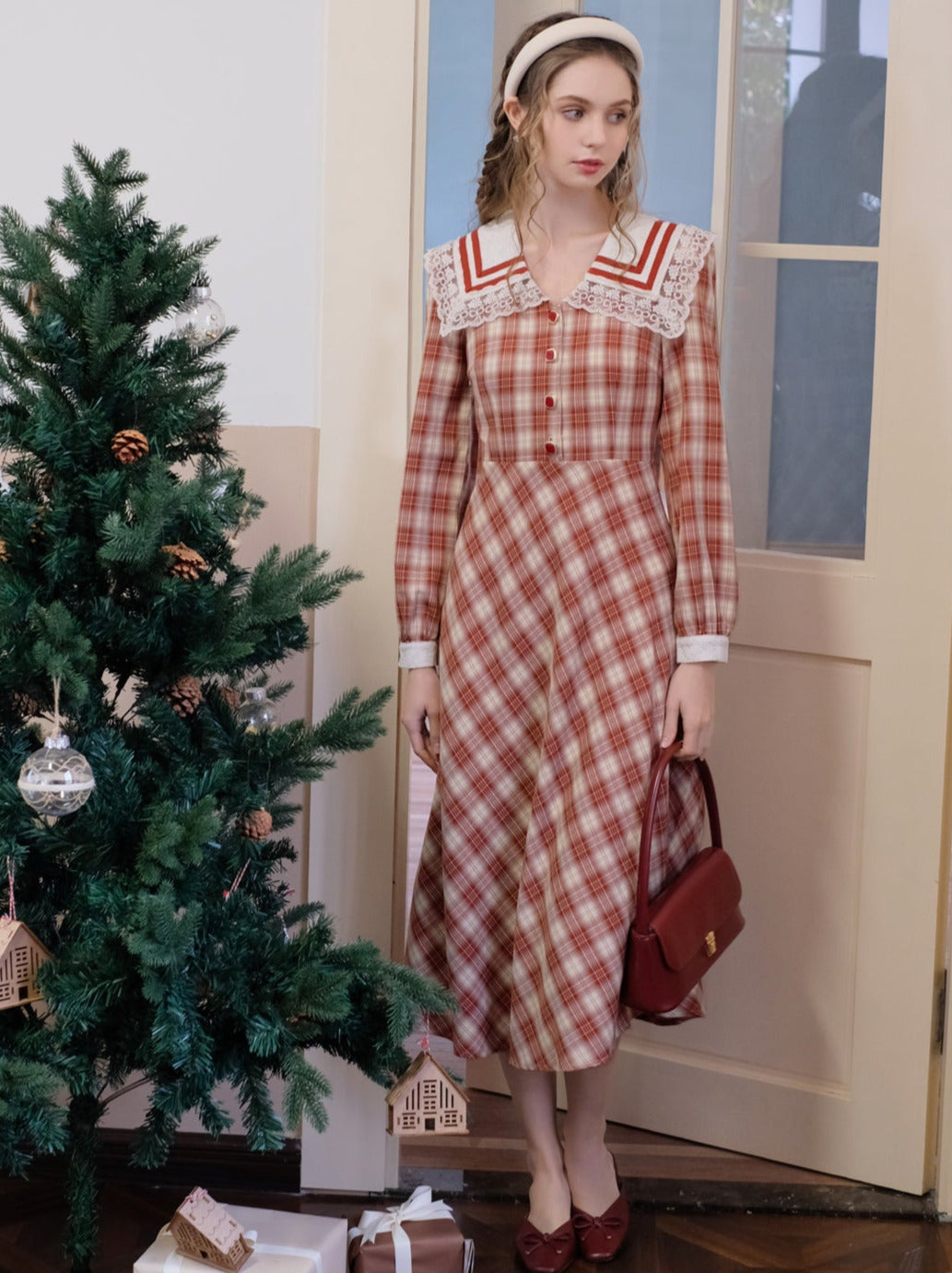 Retro-Matrosenkleid im französischen Stil mit Karokragen