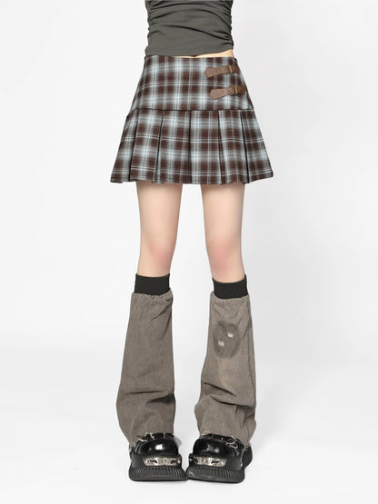 スカート パンク バックル チェック ダークレザー プリーツ