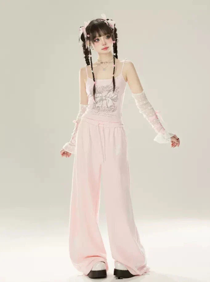 ジップガーリー+ルーズバタフライキャミソールパンツジャケットリボンスウェットシャツフード付きピンク