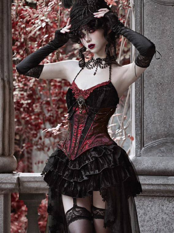 ダッチェススーツ サスペンダー ロング ゴシックテール ベルト付き ベルベットドレス チュール