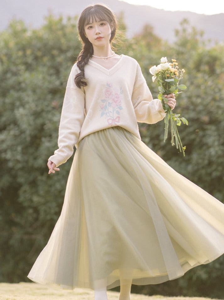 Vest Skirt Sweater + Yellow Jacquard Knit + Ribbon Knit