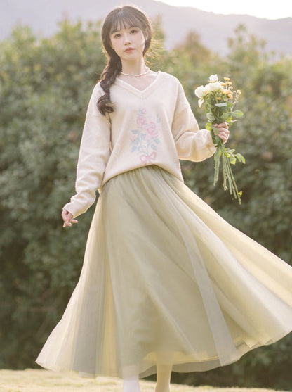 Vest Skirt Sweater + Yellow Jacquard Knit + Ribbon Knit