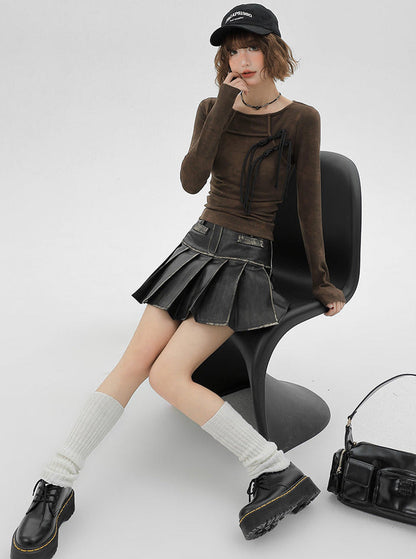 ニットスリムチャイナレトロトップタッセル