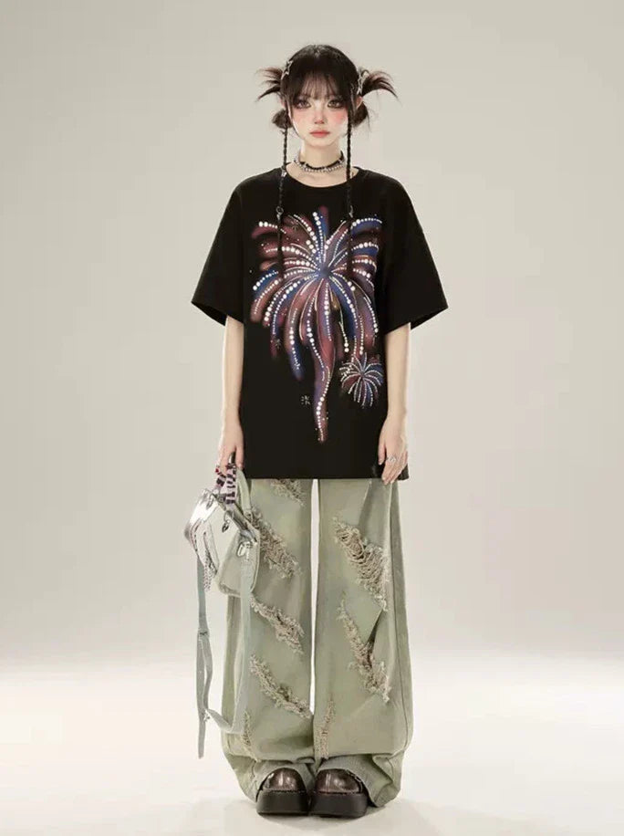 Loose T-shirt Fireworks Black Print