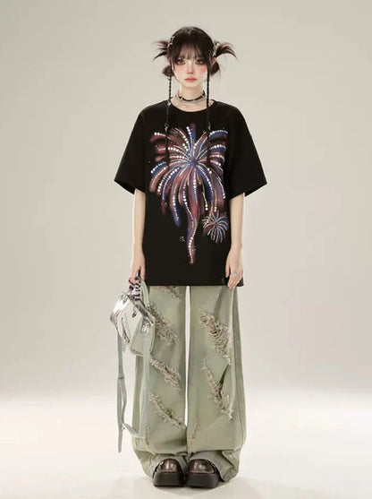 Loose T-shirt Fireworks Black Print