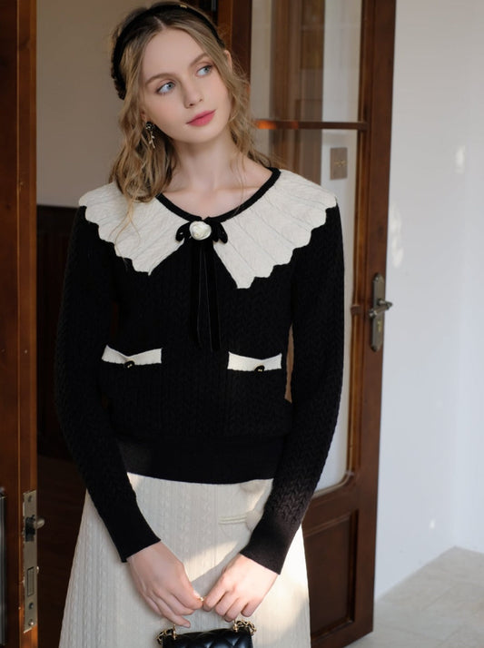 セーターブロックウェブリボンレトロラペルフレンチカラーカーディガン