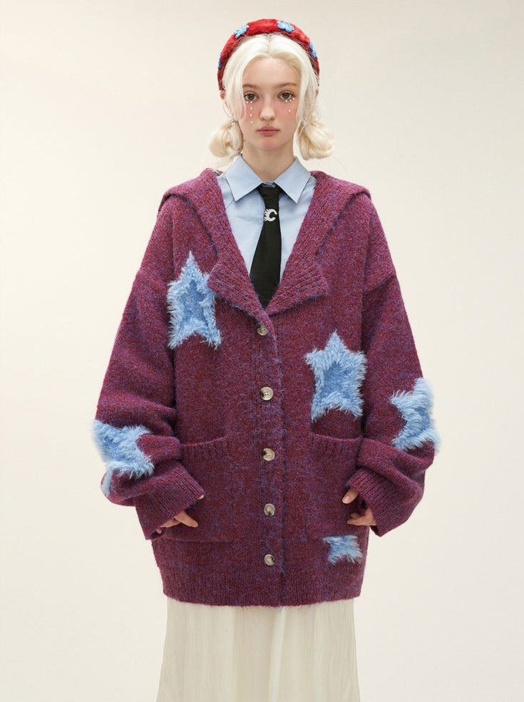 Dark Cardigan Knit Color Star Loose Fur