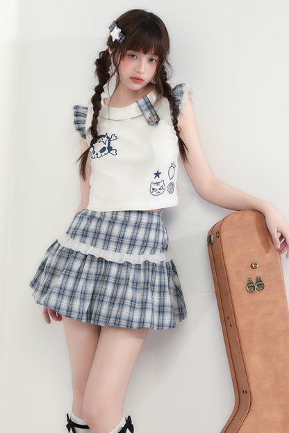 Minirock + Totenkopf-Kariertes Katzenoberteil ärmellos