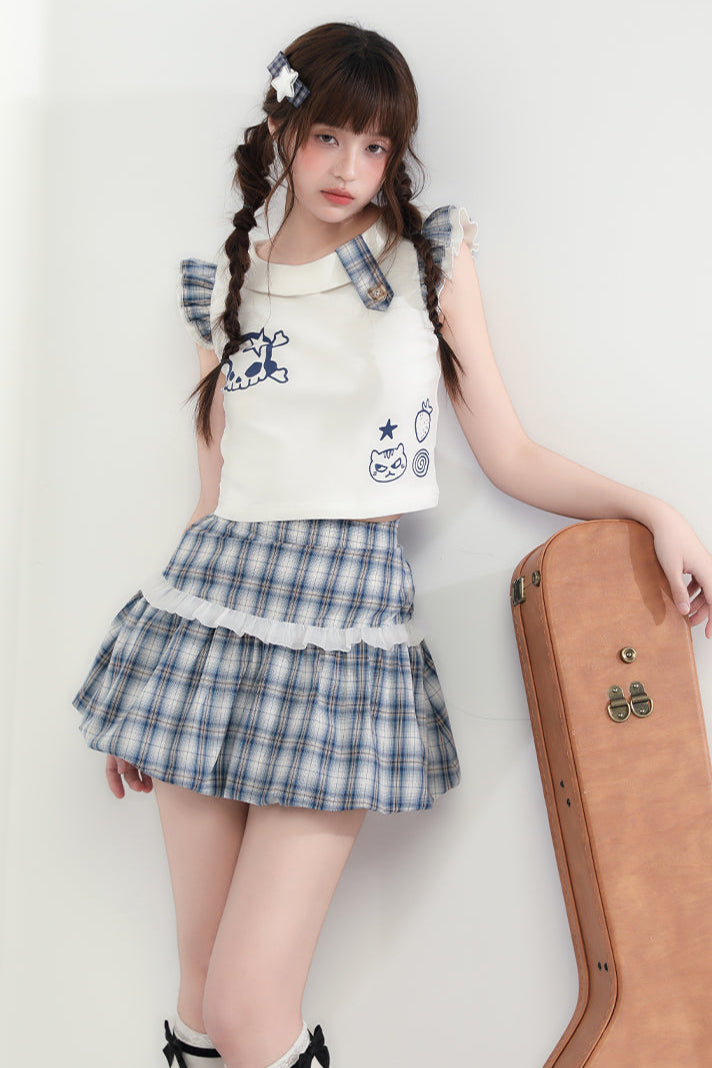 Karierter + ärmelloser Minirock Cat Top Skull