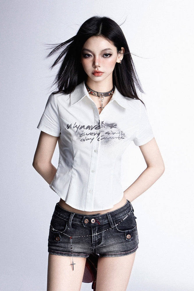 プリントシャツ スリムレターモード