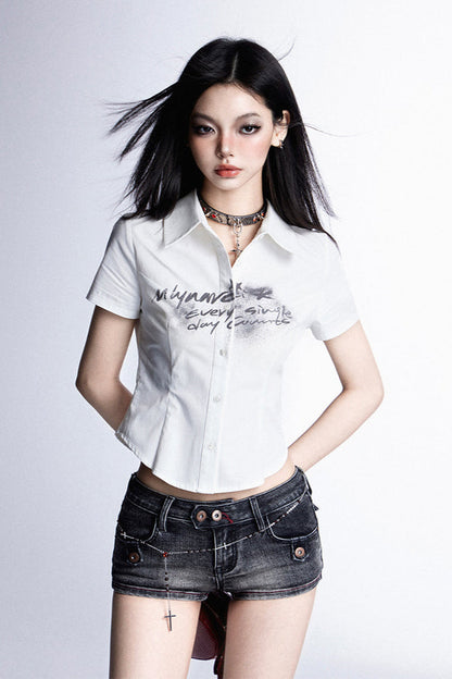 プリントシャツ スリムレターモード