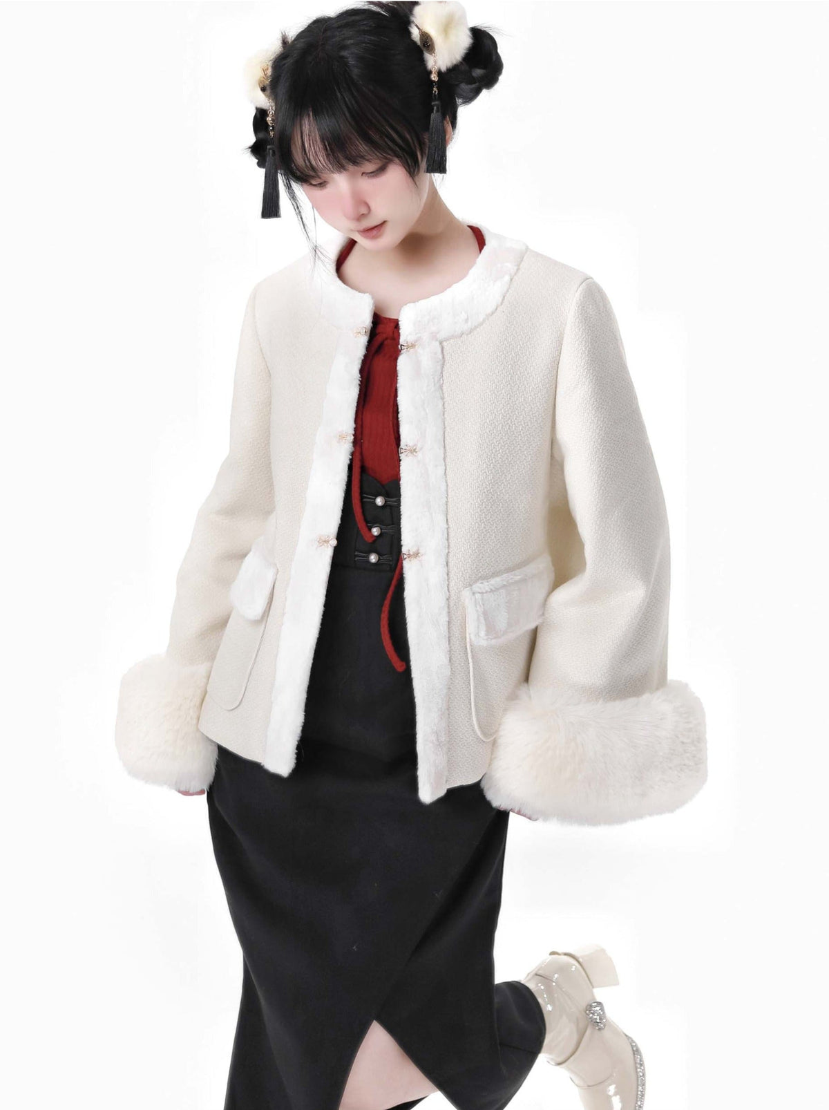 Snow Fragrance Rabbit Fur Coat Off Ward Sleve Sweater Suit