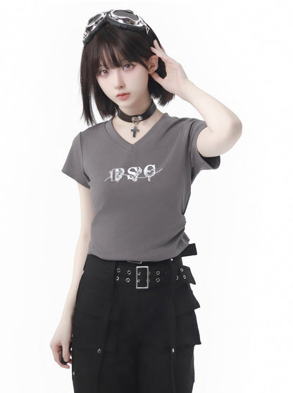 White Waist T-Shirt V-Neck Gray Slim