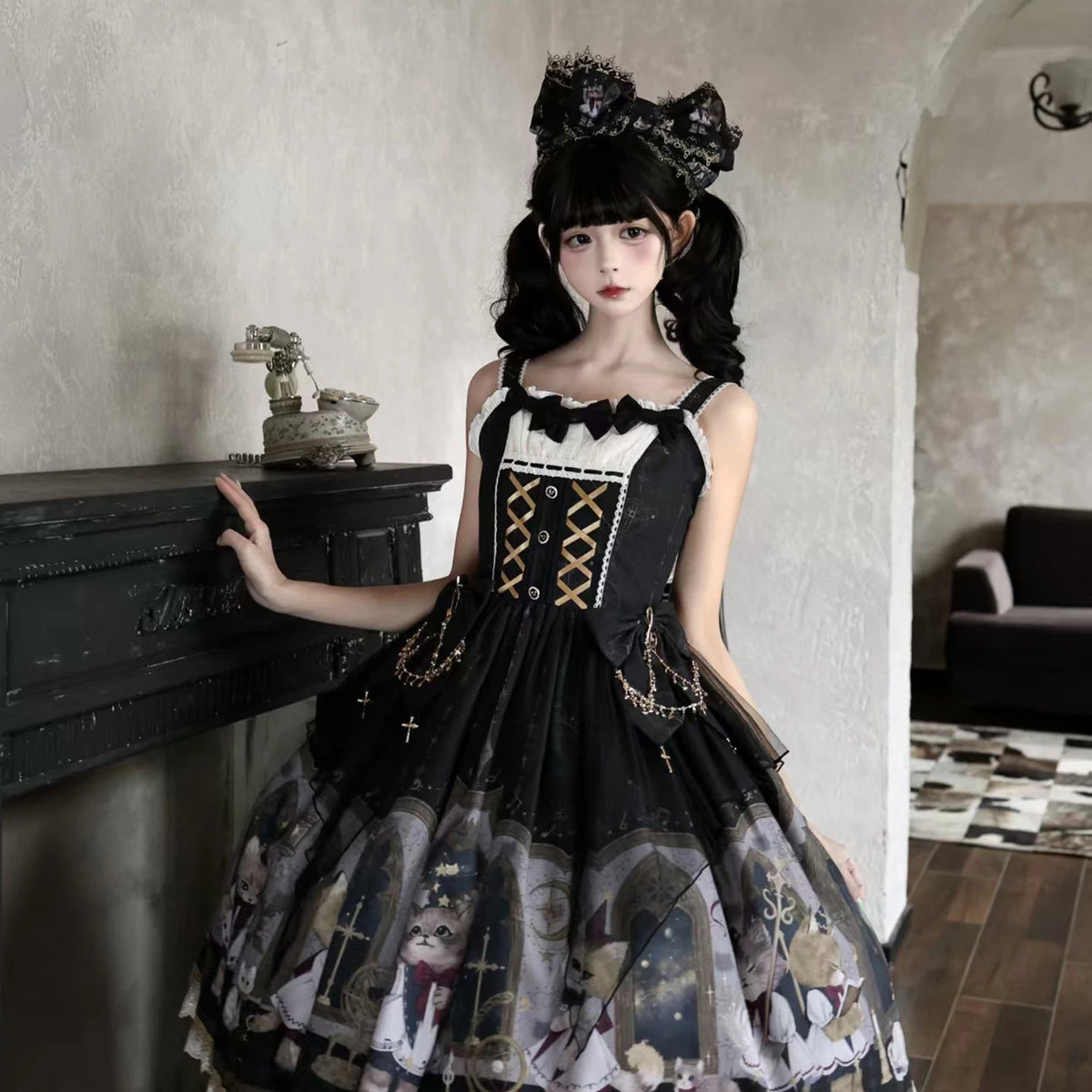 Cat Choir sleeveless JSK with gold-tone lacing and illustrated cat skirt
