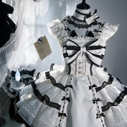 Pompon Bubble Ghost Princess black and white Lolita JSK close front view