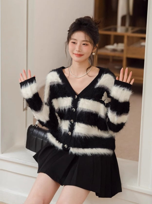 Gestreifter Schmetterlings-Chic-Shaggy-Cardigan